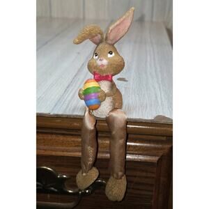 Vintage Wood Look Dangle Leg Easter Bunny Shelf Sitter With Rainbow Egg Cute